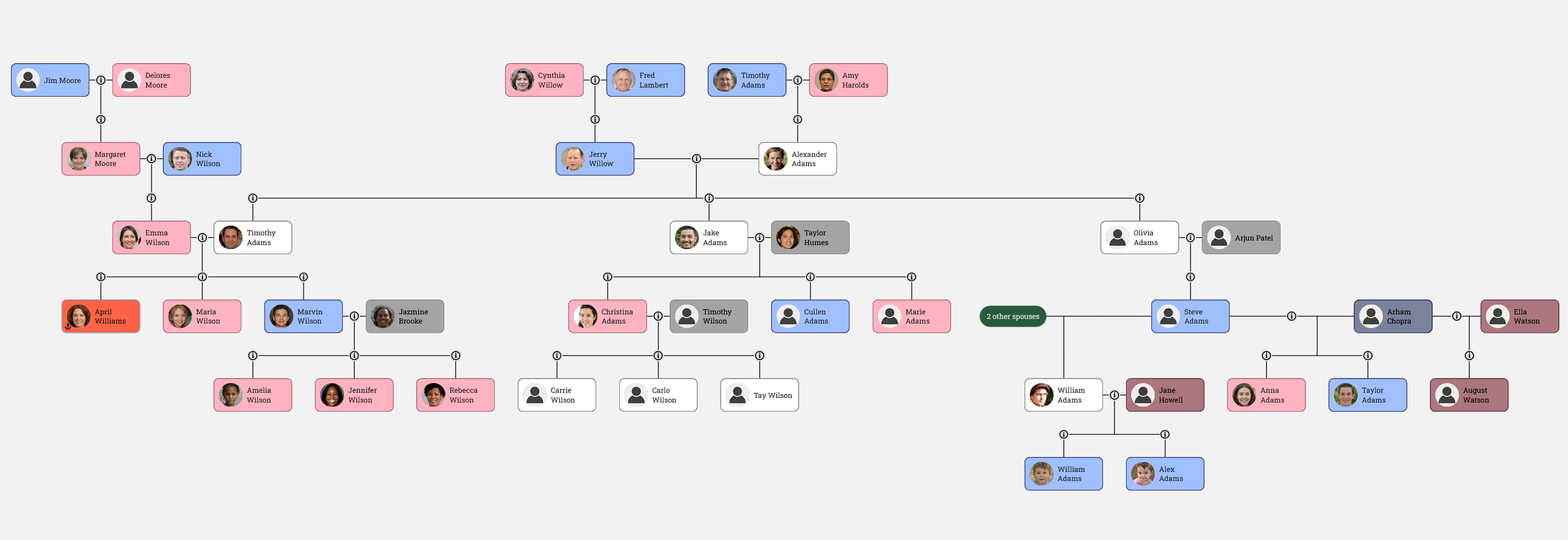 Family tree color coded by gender