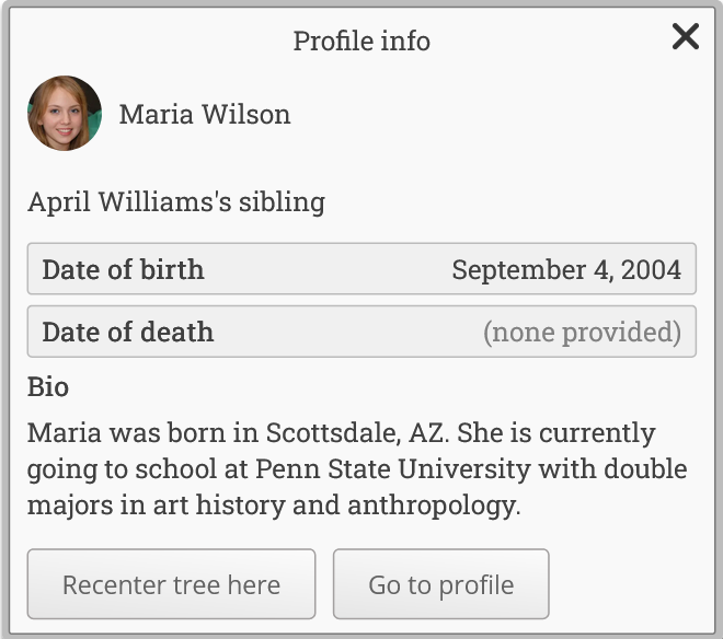 Profile info popout in family tree